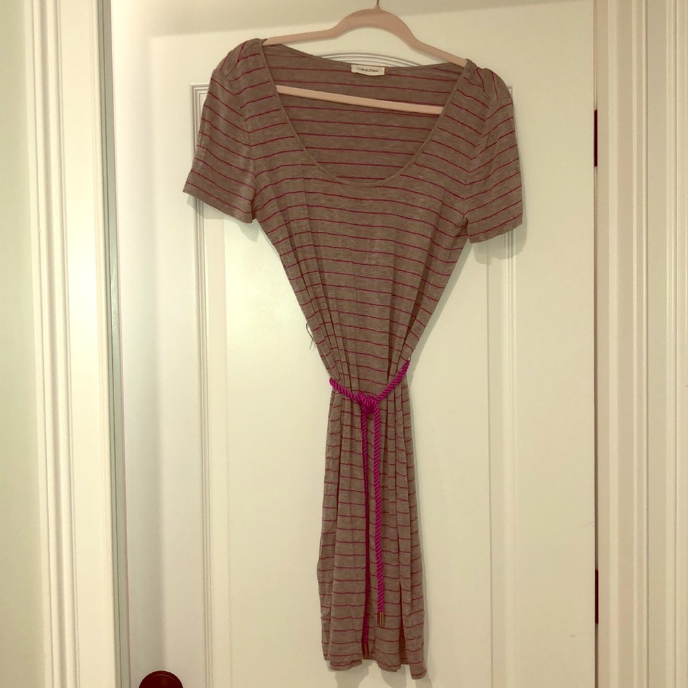 Calvin Klein gray pink striped dress with belt